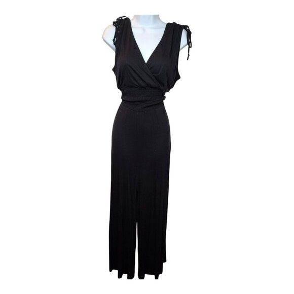 LASCANA Black Jumpsuit Sz 12 Sleeveless V-Neck Stretch Wide Leg Pull-On - Picture 1 of 9